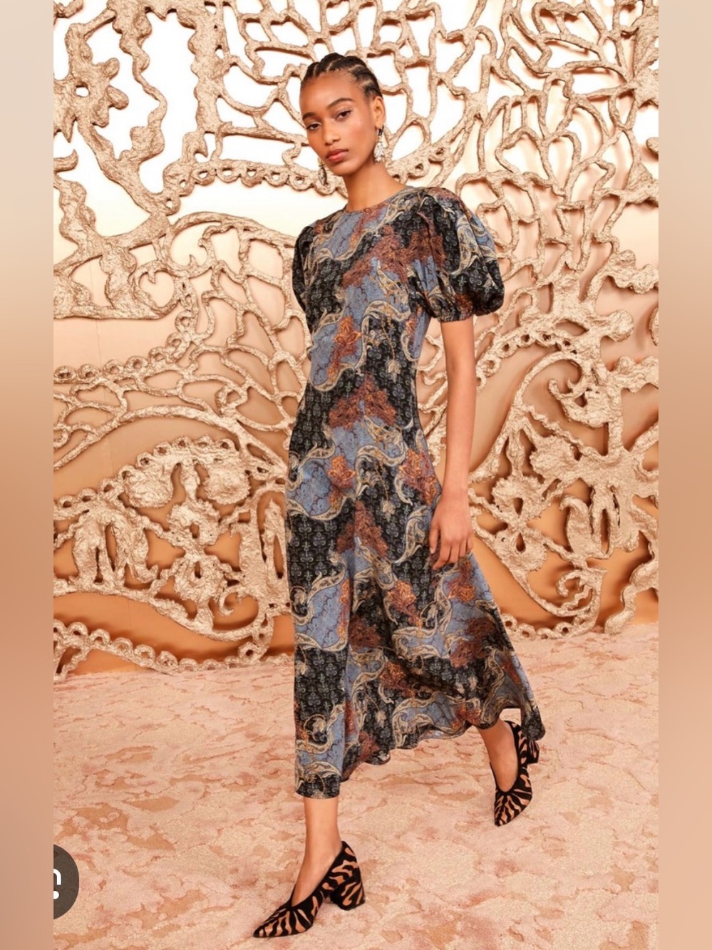 Ulla Johnson Silk Paisley Midi Dress Short Sleeve Boho Brown Blue
